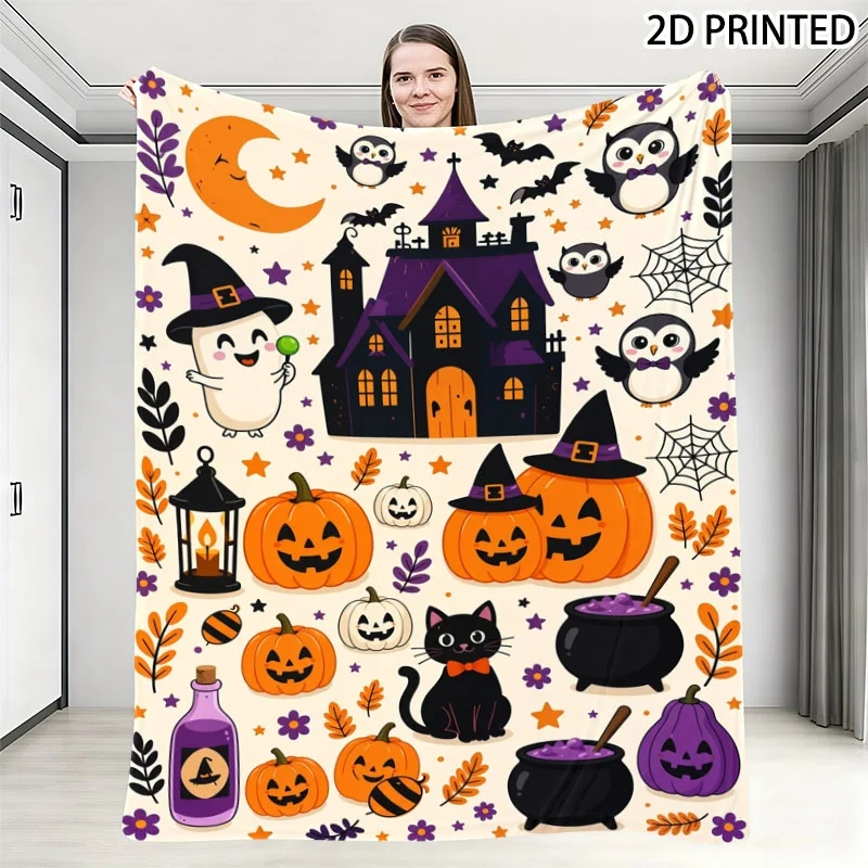 Whimsical Cartoon Halloween Print Throw Blanket, Spooky Haunted House & Cute Halloween Element Design, Cozy Festive Cover with M
