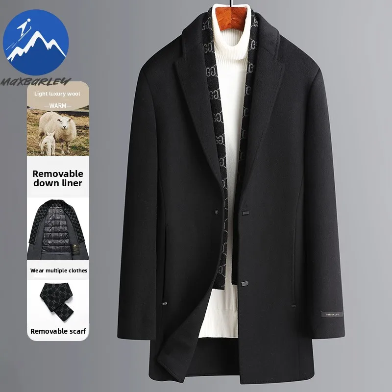 Maxbarley Men Long Down Jacket Lightweight Commute Office Warm Puffer Coat Casual Business Self-cultivation Winter Wool Coat