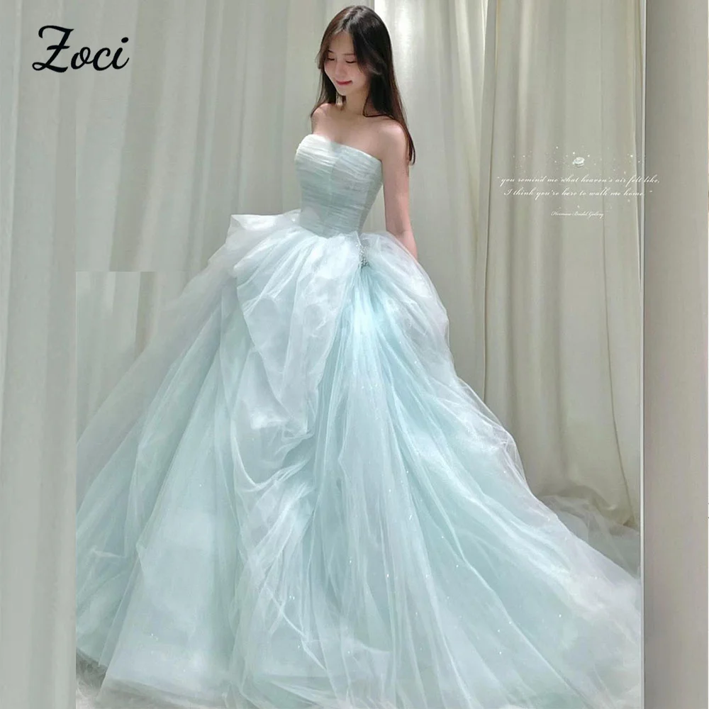 

Zoci Sky Blue Elegant Strapless Korea Wedding Dresses Soft Pleat Tulle Customized Korea Photo Shoot Bridal Party Gown