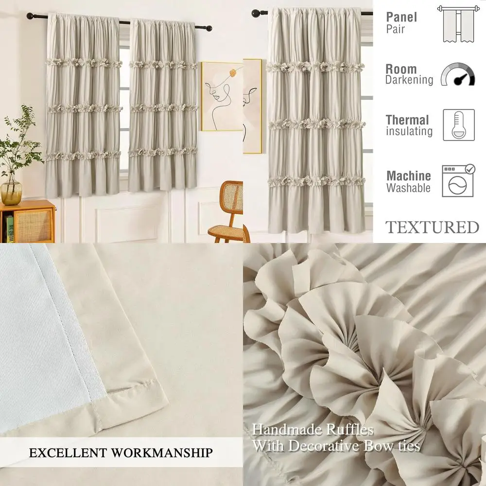 

Pair of 42W x 63L Thermal Insulated Blackout Curtains with Boho Ruched Style and Butterfly Flowers, Rustic for Room, Camel