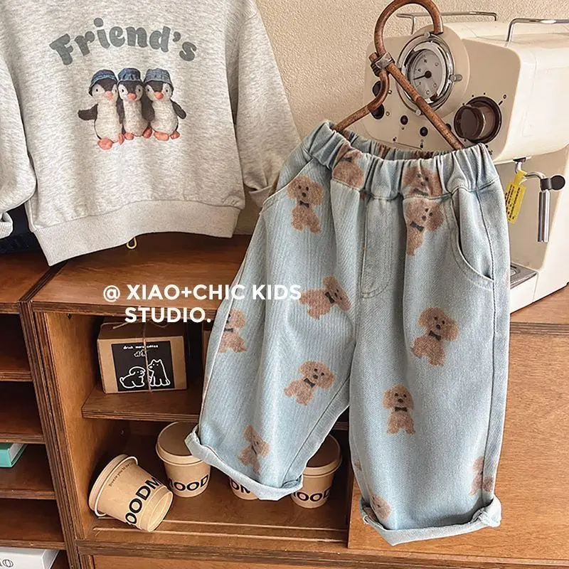 Children's Jeans High Quality Baby Kids Bear Printed Soft Jeans Light Color Boys and Girls Casual Denim Trousers Pants