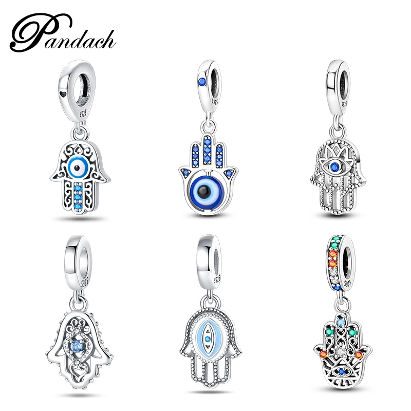 Pandach 100% 925 Sterling Silver Fatima's Hand Devil's Eye Palm Charms Pendants Fit DIY Bracelets Necklaces Anniversary Jewelry