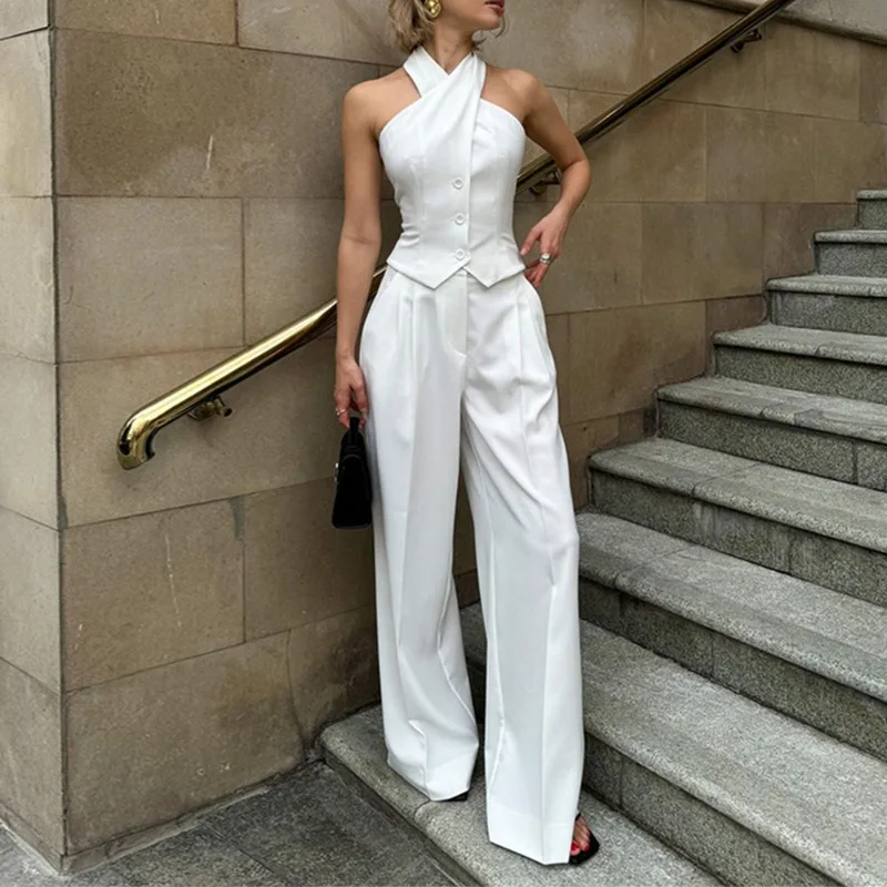 Talenza Fashion Halter Neck Top Pants Suit 2-częściowy damski elegancki jednorzędowy garnitur damski z wysokim stanem