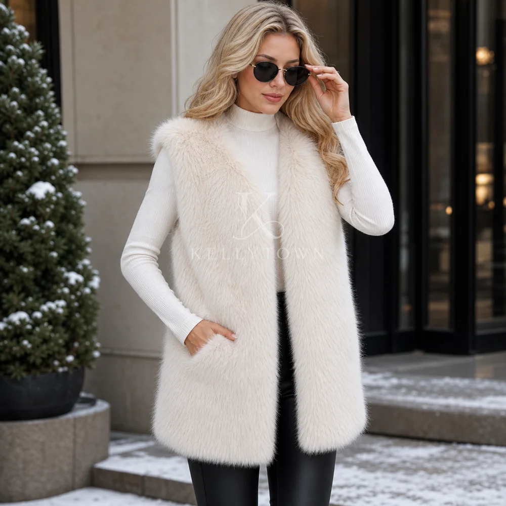 Faux Fur Vest Women V Neck Jacket Full Pelt Sleeveless Flare Sleeve Regular Thick High Street Autumn Winter жилет женский