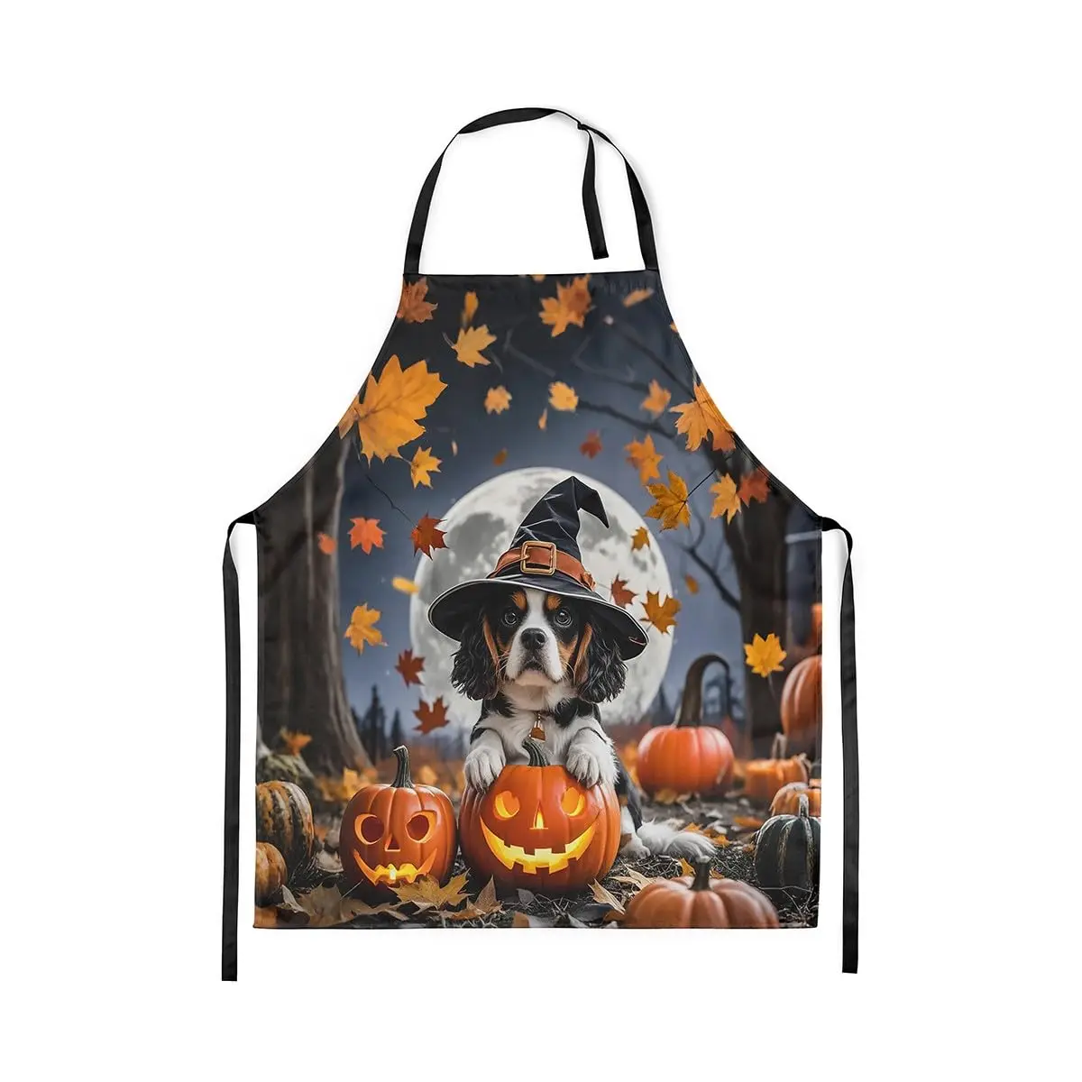 

Happy Halloween Kitchen Apron Pumpkin Cute Dog Wizard Apron for Adults Jungle Maple Leaves Full Moon Waterproof Apron