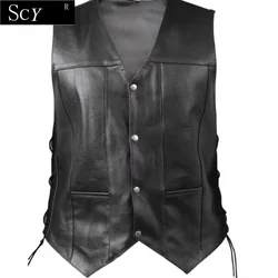 Men Side Lace Denim Style Biker Motorcycle Leather Vest Gun Pockets