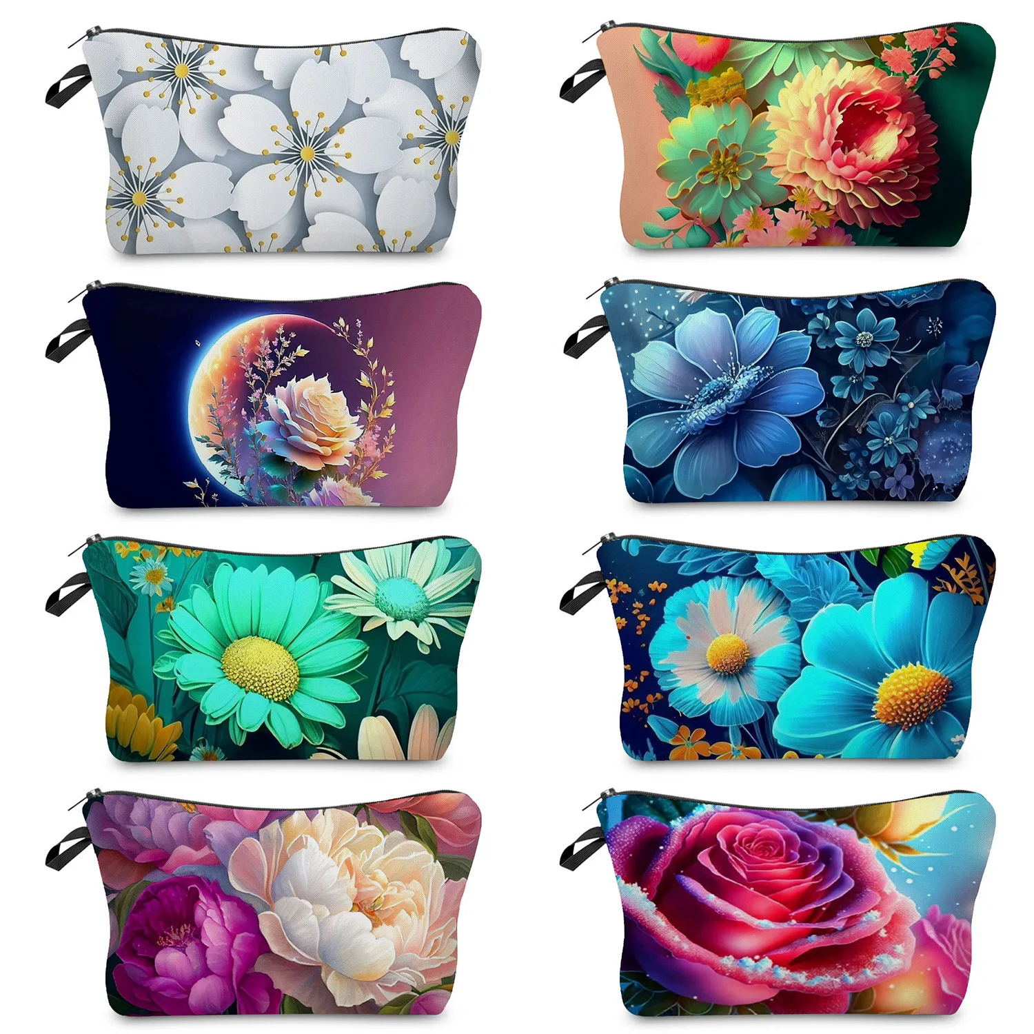 Women Glitter Rose Flower Print Makeup Bag Zipper Cosmetic Pouch Portable Travel Toiletry Storage Organizer Ladies Gift