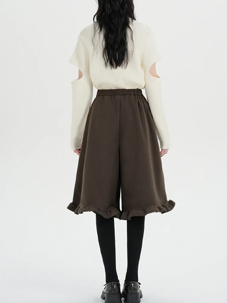 Zoete wollen zevenpunts casual broek met schimmelrand voor dames in herfst en winter, elastische taille, afslankende broek met rechte pijpen