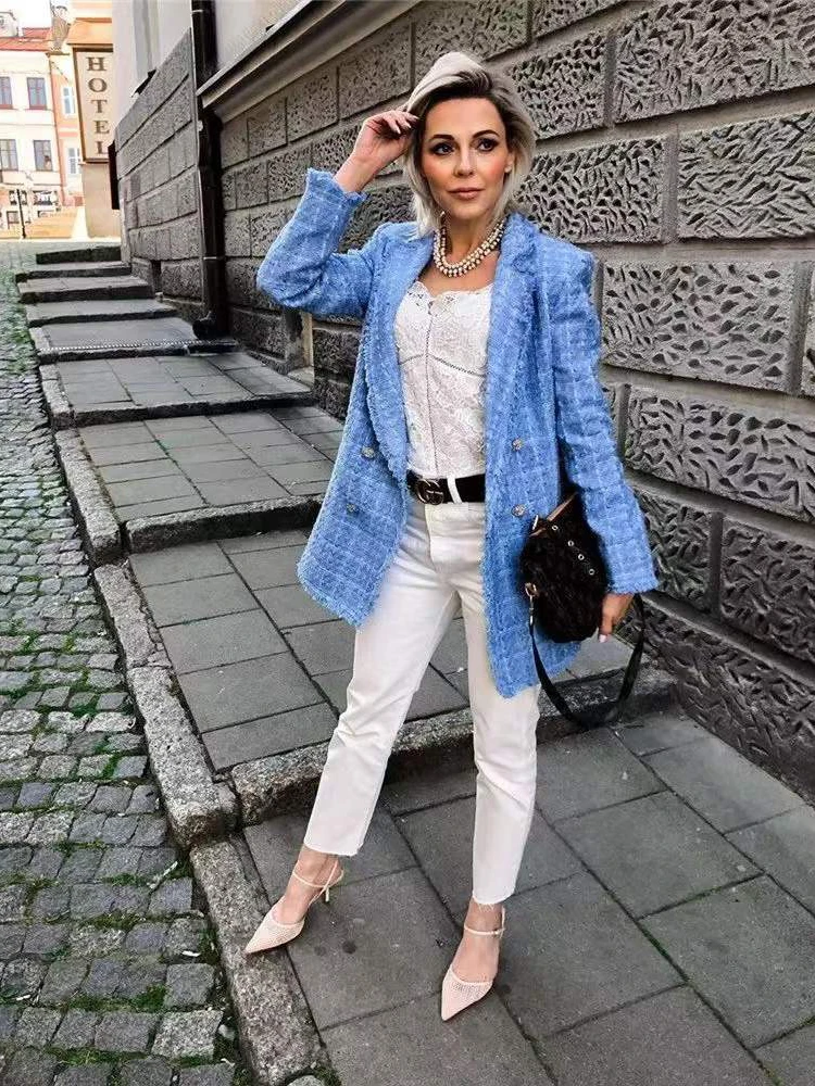 Tweed Women Elegant Blue Jacket 2023 Fashion Ladies Vintage Loose Stylish Jackets Casual Female Outerwear Girls Chic