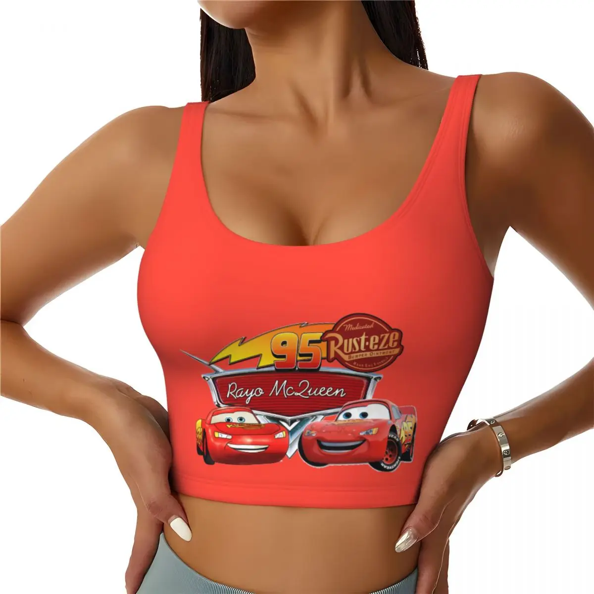 

Изготовленные на заказ укороченные топы на бретелях Lightning McQueen для тренировок, женские спортивные бюстгальтеры для бега с героями мультфильмов