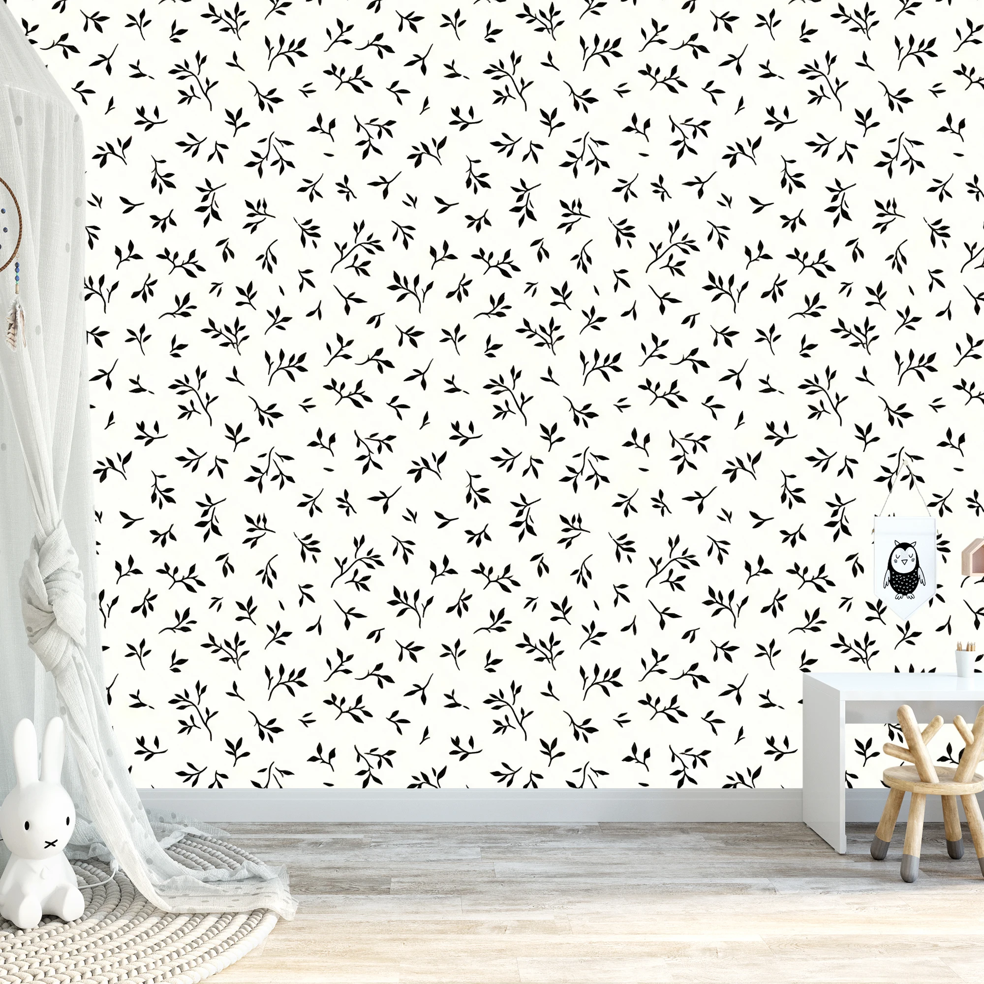 Minimalist Black Leaf Peel and Stick Wallpaper Small Branch Pattern Self‑Adhesive Removable Wall Mural Bedroom Home Decor