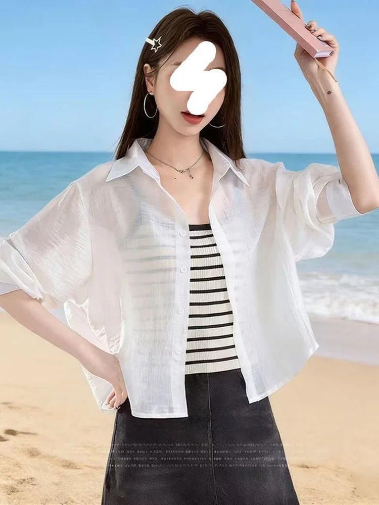 

White Silk Sun Protection Shirt Women Summer Strap Lightweight Short Sleeveless Outerwear Korean Style Straight Cut Long Slee...