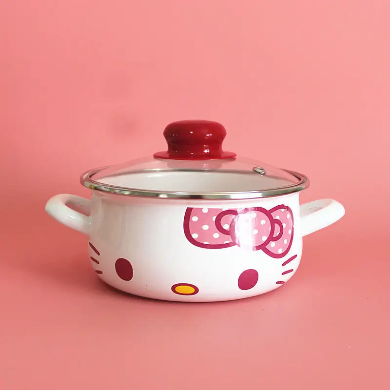 Enamel Milk Pot with Double Ears and Single Handle 16cm Flat Bottomed Saucepan for Baby Laying Food and Induction Cooktops Pink