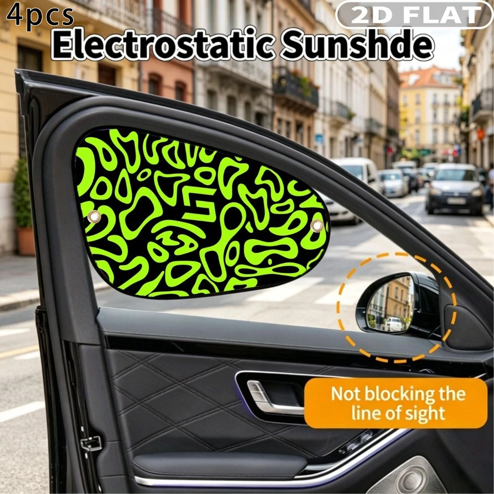 2D FLAT Printing 4pcs Car Side Window Sunshades With 8 Suction Cups, Neon Green Abstract Swirl Pattern On Black Background