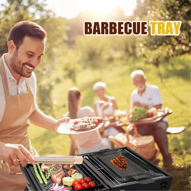 Sartén para asar barbacoa, 2 sartén antiadherente para parrilla de barbacoa con asas, utensilios de cocina para acampar, uso interior y exterior para parrillas de carbón ahumadas