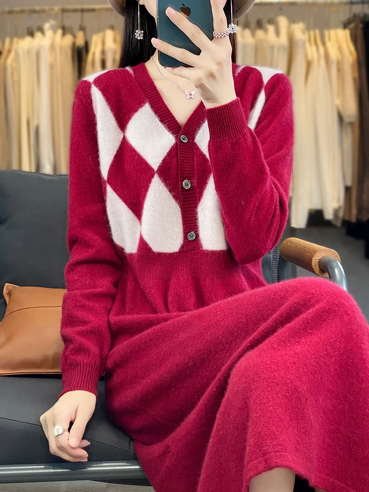 Women 100% Wool Knitted Dress V-Neck Loose Color Match Long Skirts High Waist Over Knee Pullover Sweater New Autumn Winter Dress