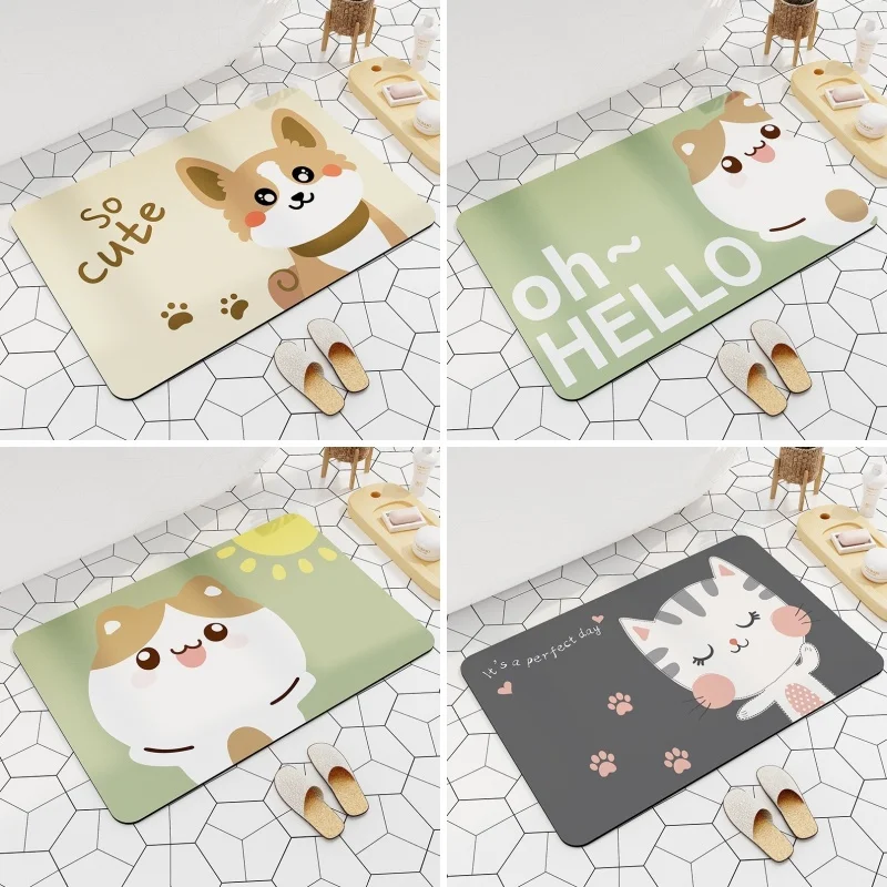 Cute Cat Bear Pattern Super Absorbent Bath Mats Cartoon Entrance Doormat Quick Dry Kitchen Rug Toilet Foot Pad Home Decor Carpet