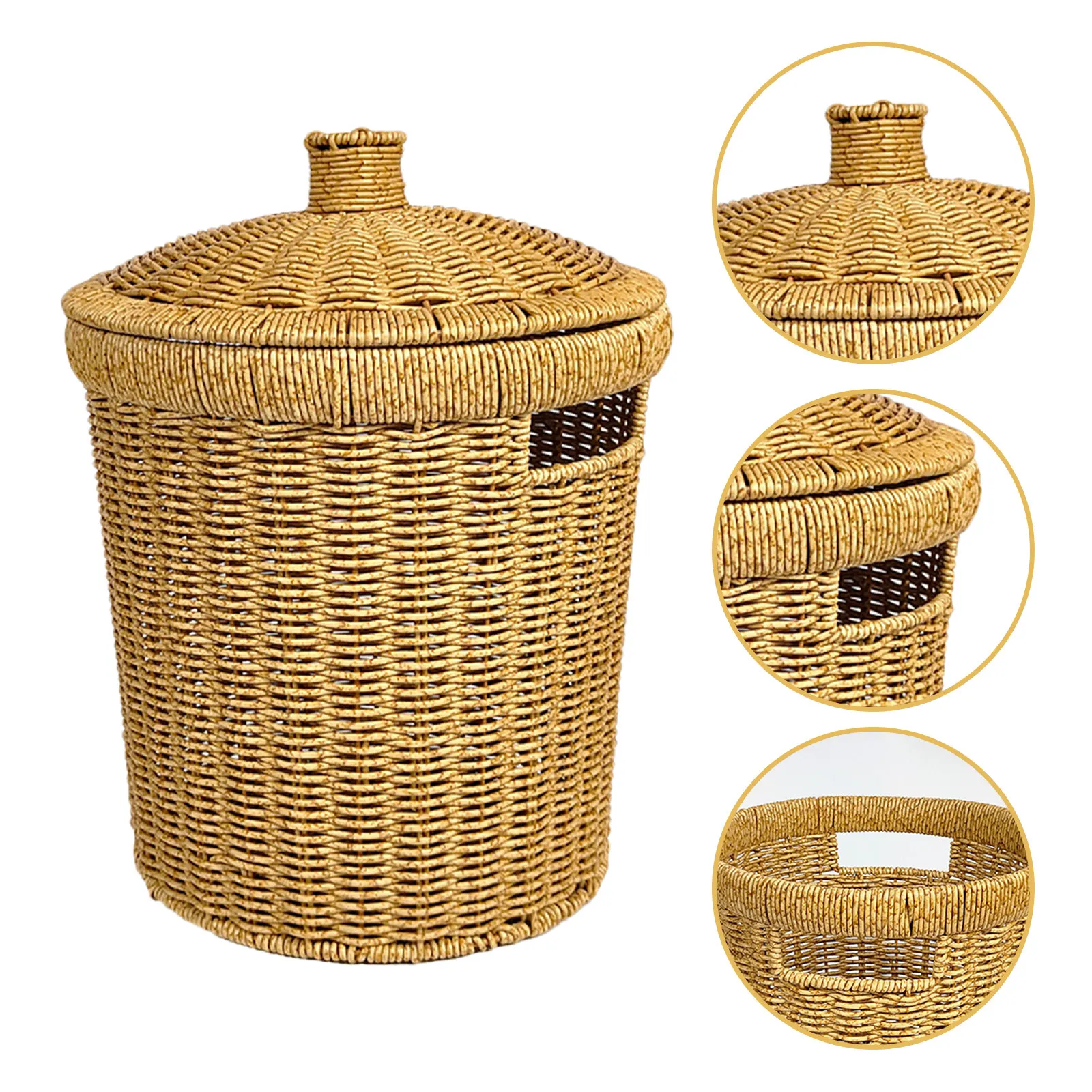 Imitation Rattan Woven Trash Can with Lid Round Handwoven PP and Iron Frame Decorative Bathroom Bedroom Kitchen Office Waste