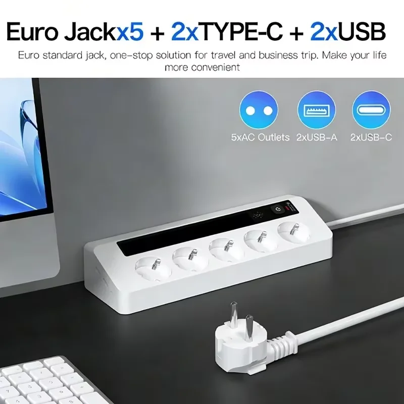 Desktop Corner Power Strip with Touch Night Light, AC+USB+Type-C Ports Extension Cord Power Adjustable Three-Level Brightness