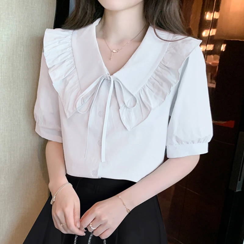

Women Clothing and Blouse Office Ladies White Tops Females Elegant Fashion Chiffon V-neck Puff Sleeves Solid Button Pullover