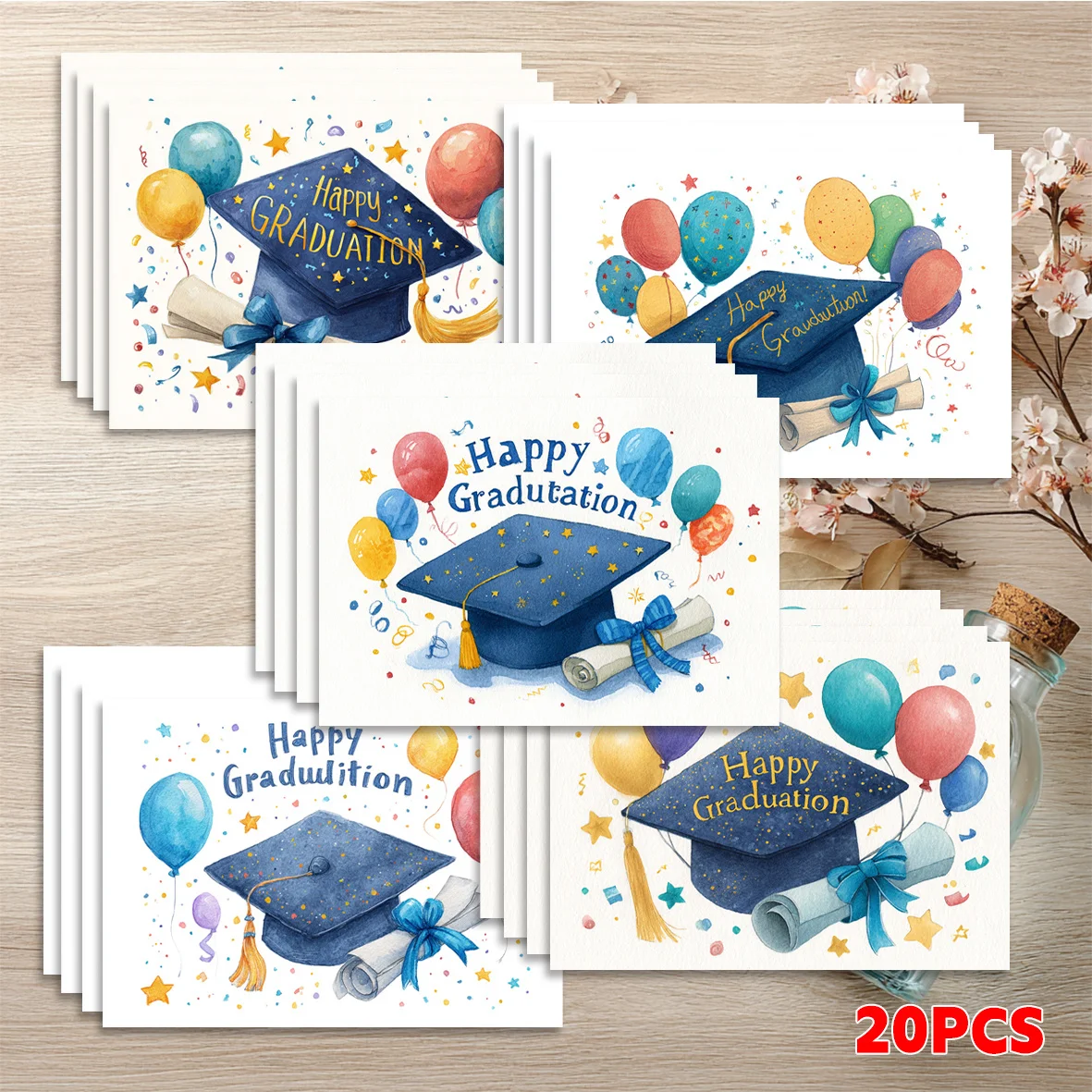 20PCS Graduation Themed Greeting Cards, Degree Caps, Colorful Balloons, Blank Design on The Back That Can Be Written - view 6