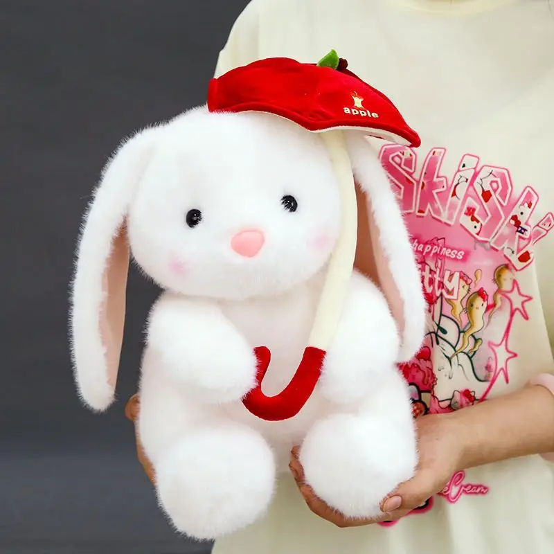 Cute White Rabbit Plush Toy Soft Stuffed Animal Bunny with Apple Umbrella Rose Kawaii Plushie for Kids Home Decor Birthday Gift