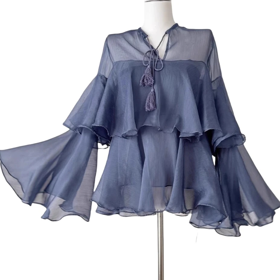 

Нежные шифоновые рубашки женские струящиеся рукава-колокольчики многоуровневые рюши облегающая блузка женская