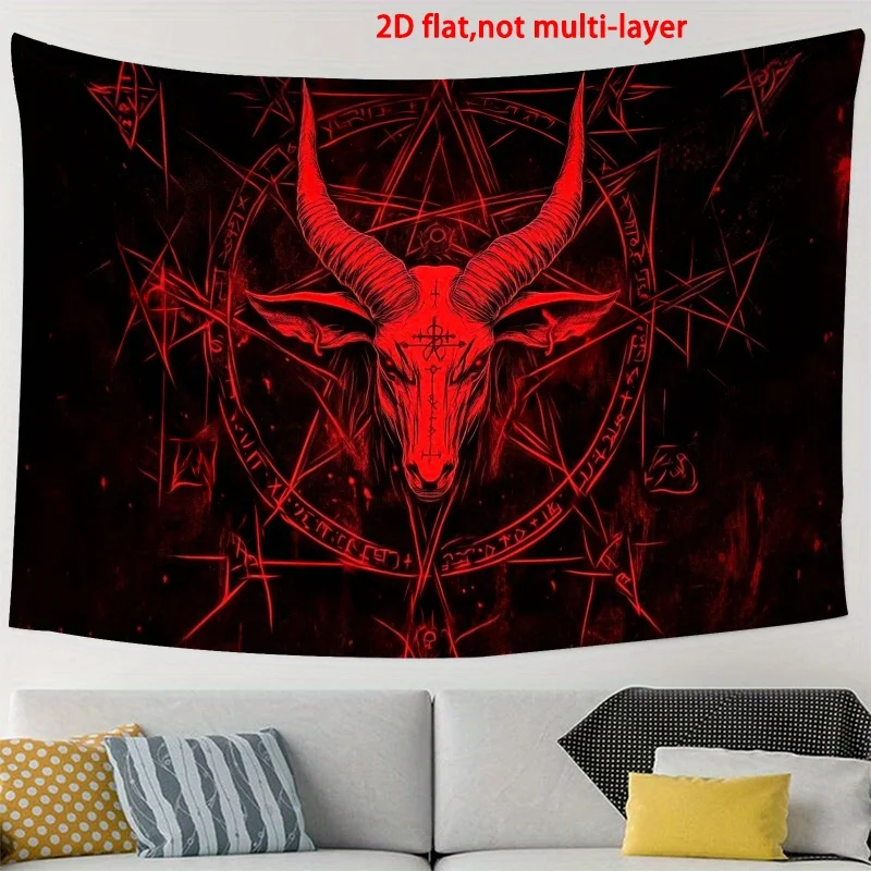 Gothic Red Goat God Wall Hanging Tapestry, Dark Occult Sigil Art Decor Fabric, Unique Mysterious Ornament For Home Room