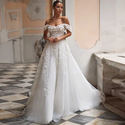 Vestidos De Novia elegantes De tul con corte en A, apliques De encaje, hombros descubiertos, longitud hasta el suelo, Vintage