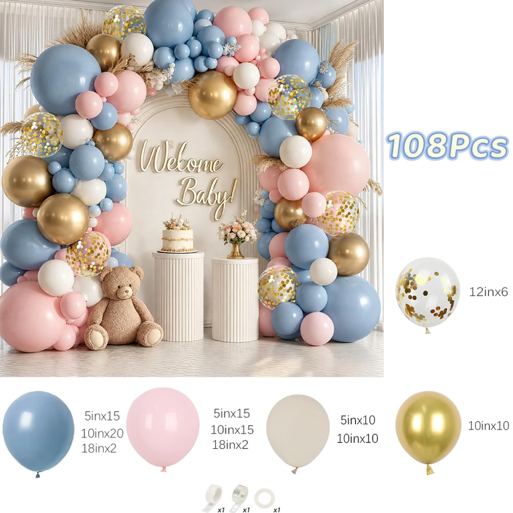 108Pcs Dusty Blue Sand White Balloons Arch Kit Pink and Metallic Gold Balloon for Baby Shower Gender Reveal Birthday Party Decor