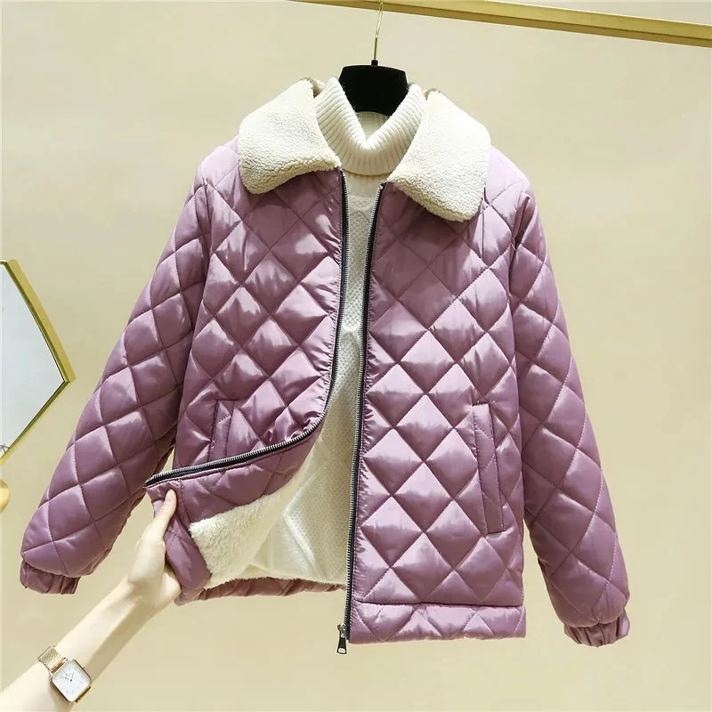 2025 nueva Chaqueta de algodón de invierno para mujer, chaqueta corta de terciopelo de lana de cordero, chaqueta acolchada de algodón, abrigo grueso de lana para mujer, prendas de vestir