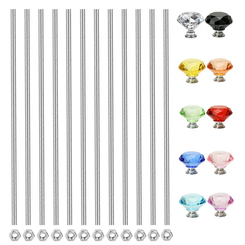 12Pcs M4 8/32Inch Threaded Rods Set For Beads,Fully Threaded Rods And Studs With 10Pcs Colorful Crystal Knobs,Threaded Rods Set