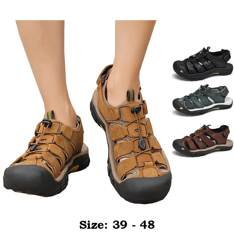 

High quality leather flat sandals for men round toes new summer 2025 size 47 48 casual outdoor walking big size shoe black brown