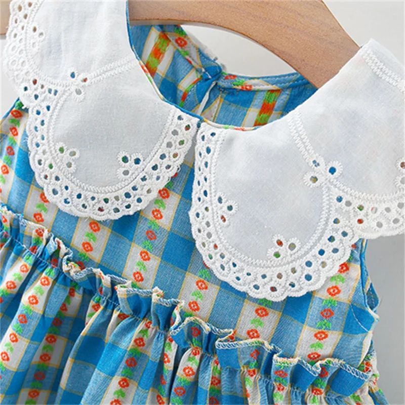 0-4 Y Toddlers Blue Lattice Costume Sweet Children Clothing Summer Baby Girls Sleeveless Dress Lovely Doll Collar Kids\' Dresses