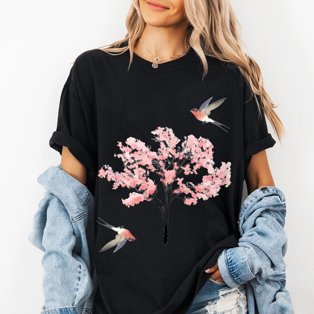 

Футболка унисекс, графический принт «Цветок вишни и ласточки», тушь — дизайн «Wash Nature», повседневная футболка с короткими рукавами