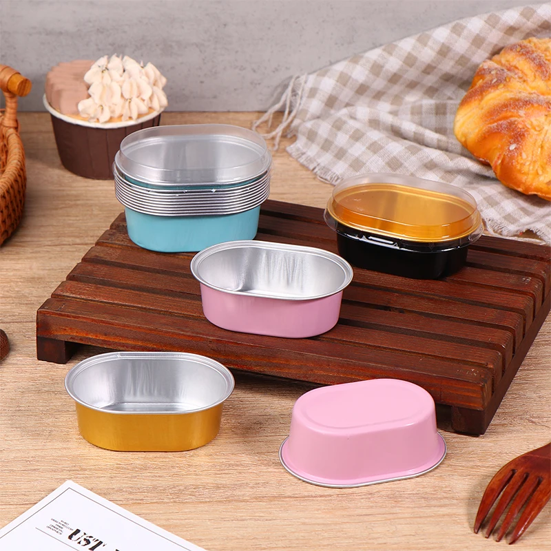 ถ้วยอบขนมขนาดเล็ก 10 ชิ้น 68 มล. ทำจากอลูมิเนียมฟอยล์ รูปทรงวงรี พร้อมฝาปิด ทนความร้อน สำหรับงานเลี้ยงสังสรรค์