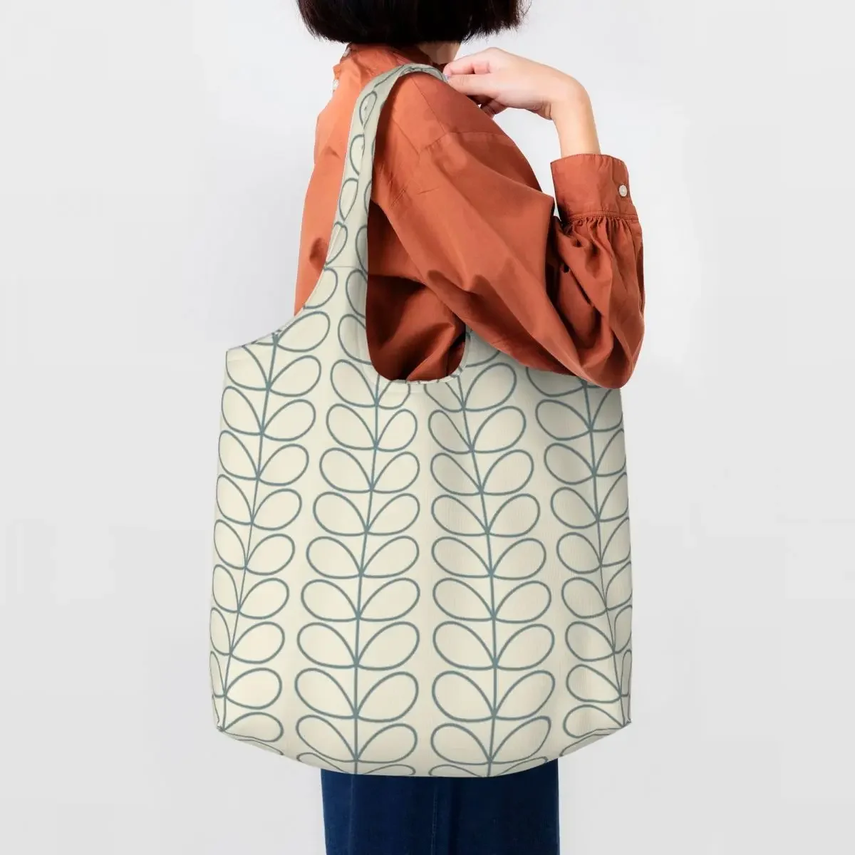 Custom Orla Kiely Linear Stem Dark Powder Blue Groceries Shopping Tote Bag Women Canvas Shoulder Shopper Bag Capacity Handbags