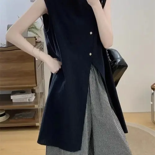 

New Plaid Wide Leg Pants Slit Vest Top Two-piece Set