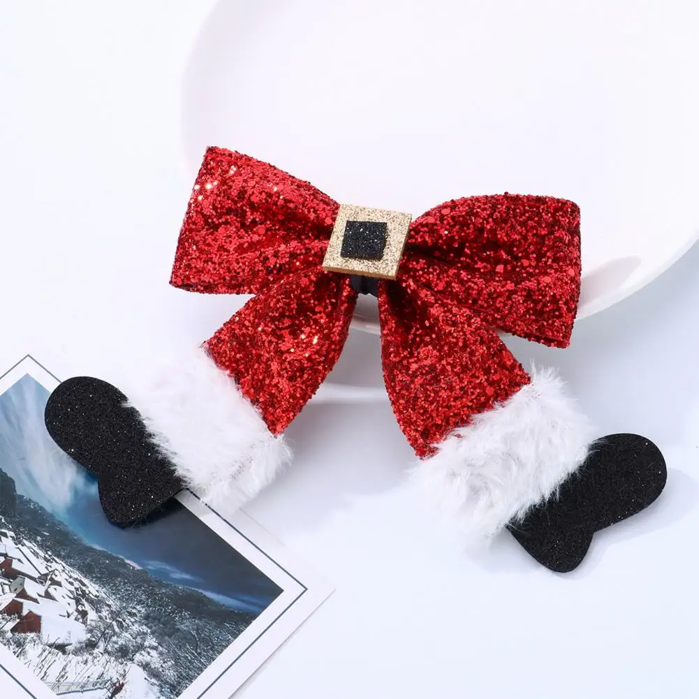 Christmas Hairpin With Shiny Sequins Plush Red White Black Bowknot Shape Hair Clip Xmas Side Bang Hair Pin Accessories 리본 머리핀