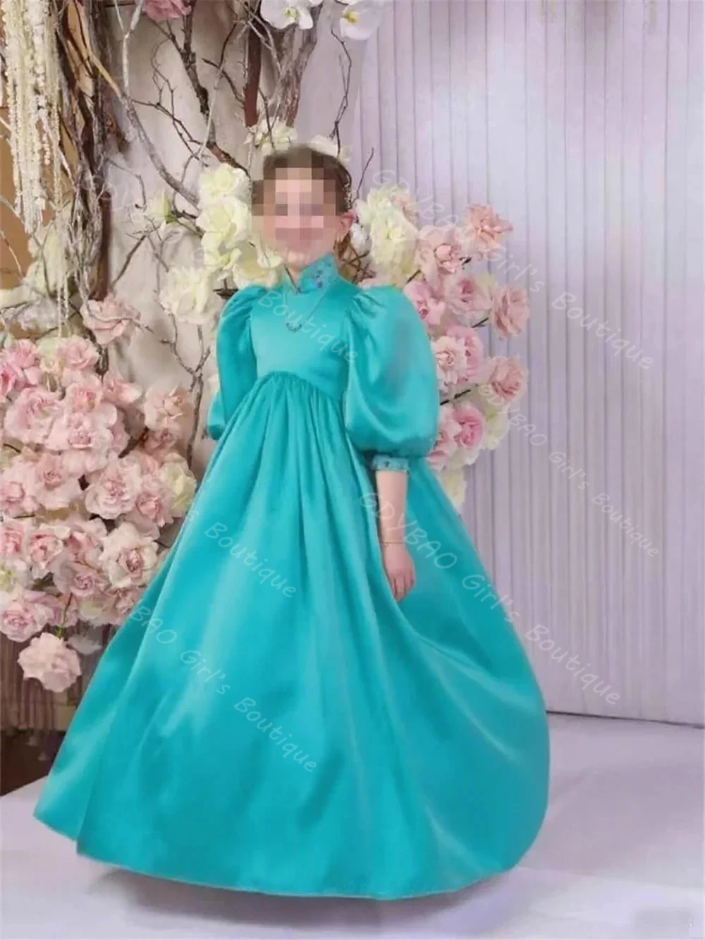 رشيقة الساتان فستان التواصل الأول للأطفال الأميرة عالية الخصر بالون كم زهرة فتاة فستان مخصص حفل زفاف الكرة ثوب