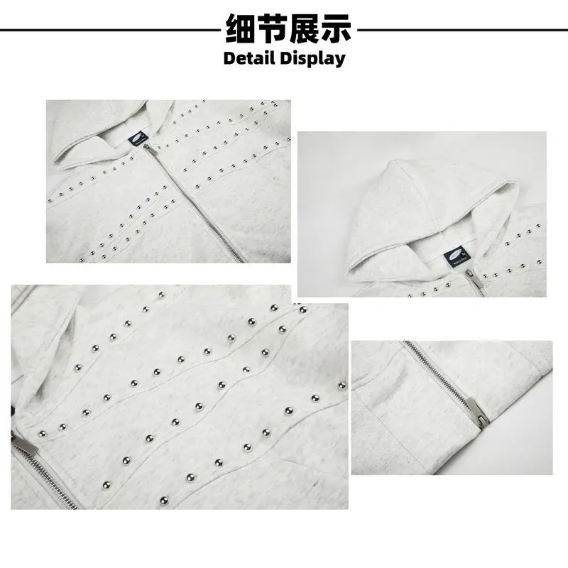 American Y2K retro washed distressed rivet zipper jacket for women autumn short hooded sweatshirt for men