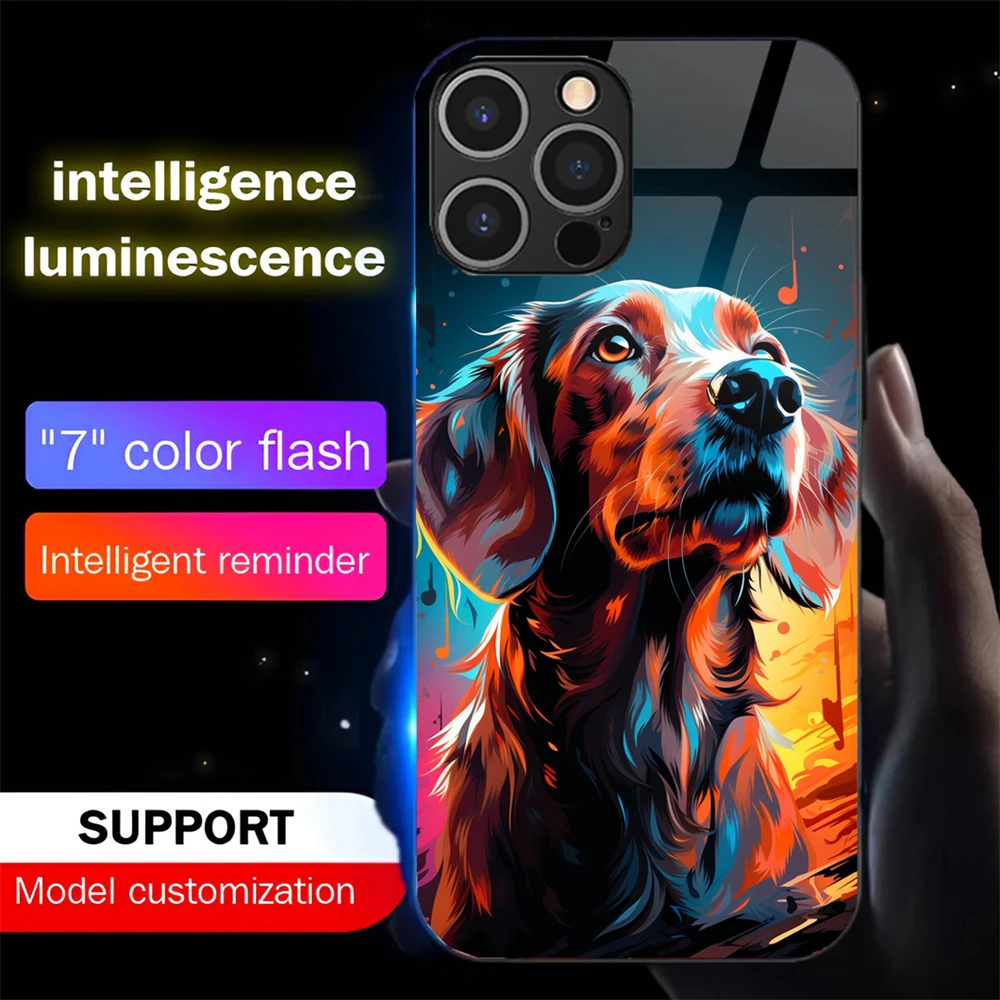 

Lovely Dog Pattern LED Light Glow Luminous Tempered Glass Back Phone Case For Samsung S26 S25 S24 S22 S23 S21 S20 FE Plus