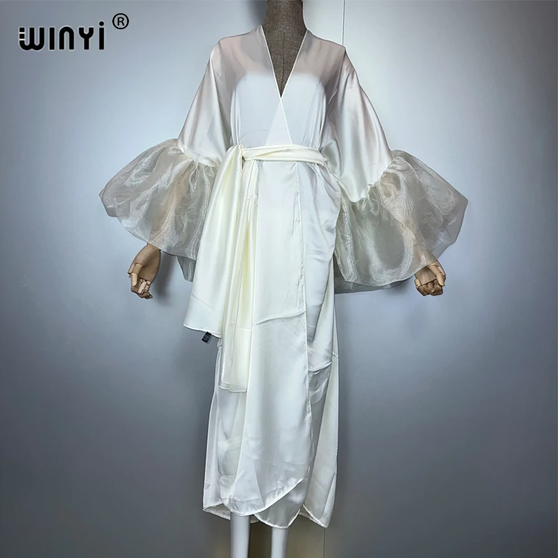 WINYI Abito da festa estivo Kimono Abbigliamento da spiaggia Costume da bagno Cover up Africa donna maniche a sbuffo (ed) Cardigan monocromatico Caftano da vacanza