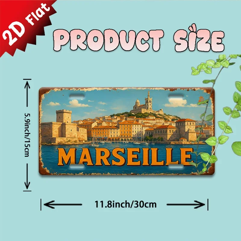 Panneau métallique vintage 2D plat, 1 pièce, panneau décoratif, panneau vintage Paysage urbain de Marseille avec bateaux, décora