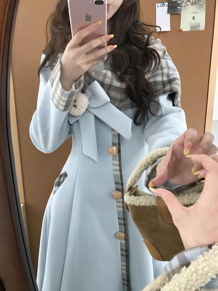 الكورية Sle الحلو حجم صغير الخصر Cinched التخسيس معطف الصوف المرأة شتاء جديد طويل منقوشة الربط معطف ألياف البوليستر