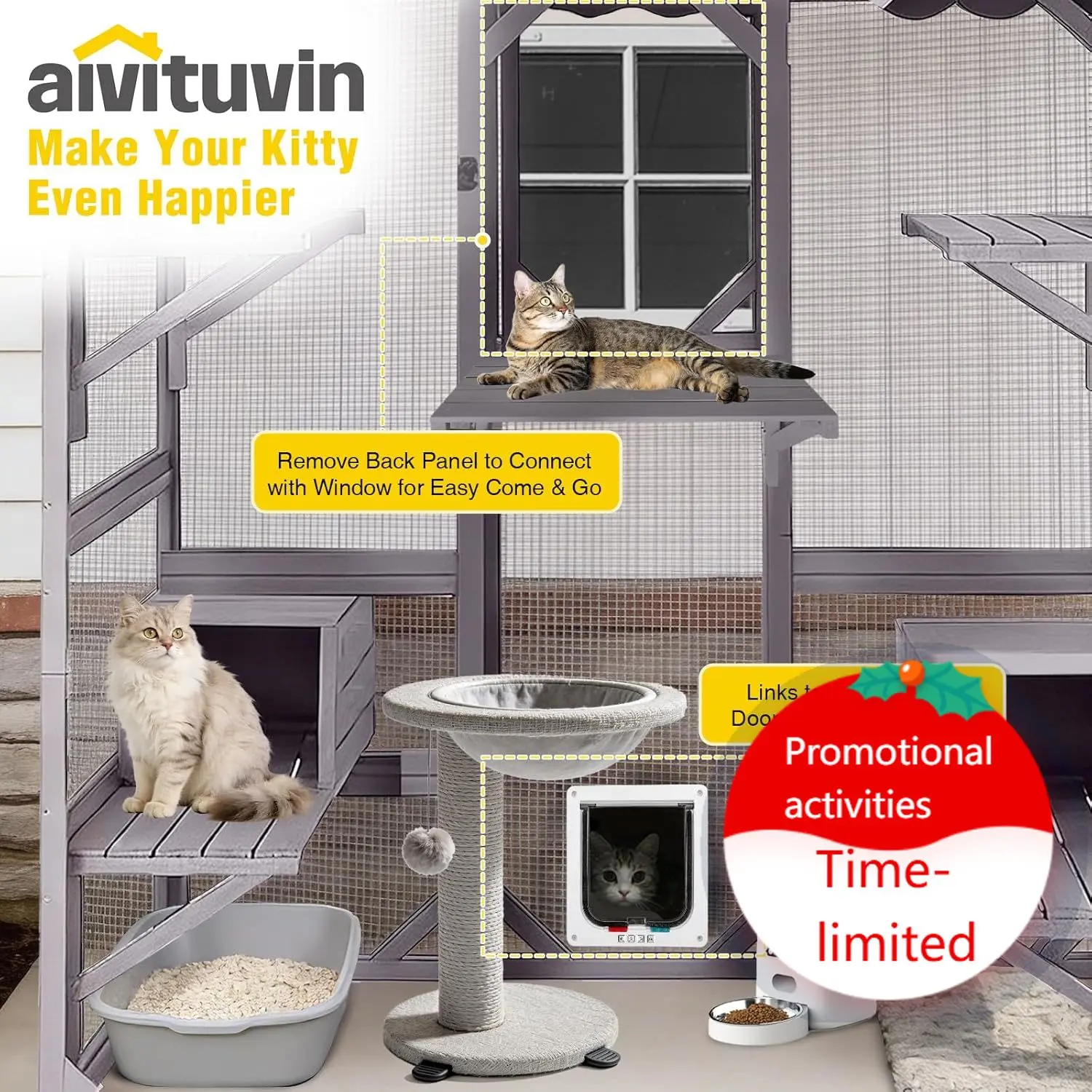 

Catio Outdoor Cat Enclosure with 7 Platforms, 2 Resting Boxes, Large Window Cat House for 4-6 Mulitiple Cats Walk in Kitty Cage