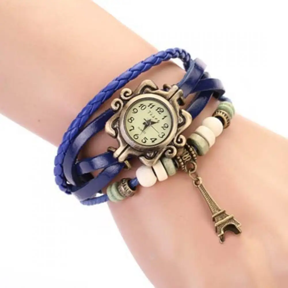 Reloj de pulsera de piel sintética trenzada multicapa Vintage para mujer, Torre Eiffel