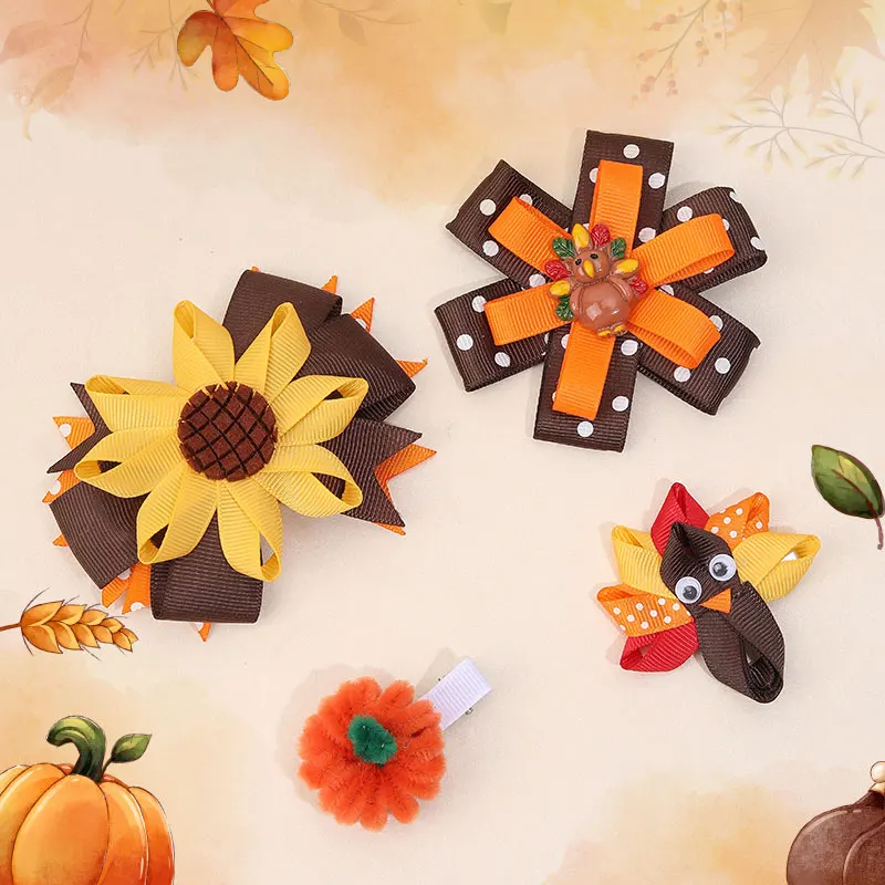 Nieuwe Thanksgiving Lint Haarelastiekjes Clips Voor Baby Meisjes Schattige Kalkoen Haarspeld Haarspeldjes Kinderen Hoofddeksels Handgemaakte Haarstrik Clip