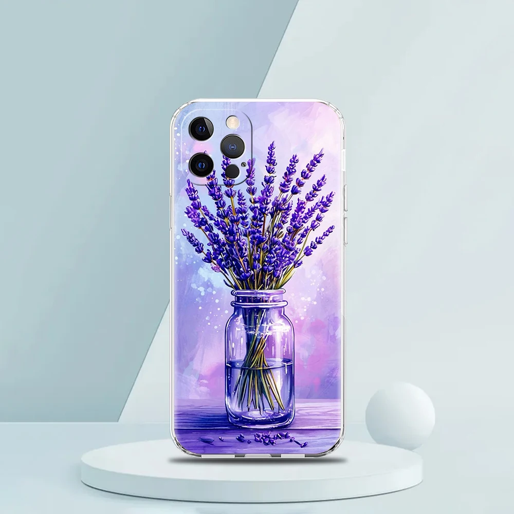 حافظة هاتف شفافة ناعمة من البولي يوريثان لهاتف آيفون 16 15 14 13 12 11 Pro Max XR 8 7 Plus XR حقائب بنمط الخزامى المقاوم للصدمات