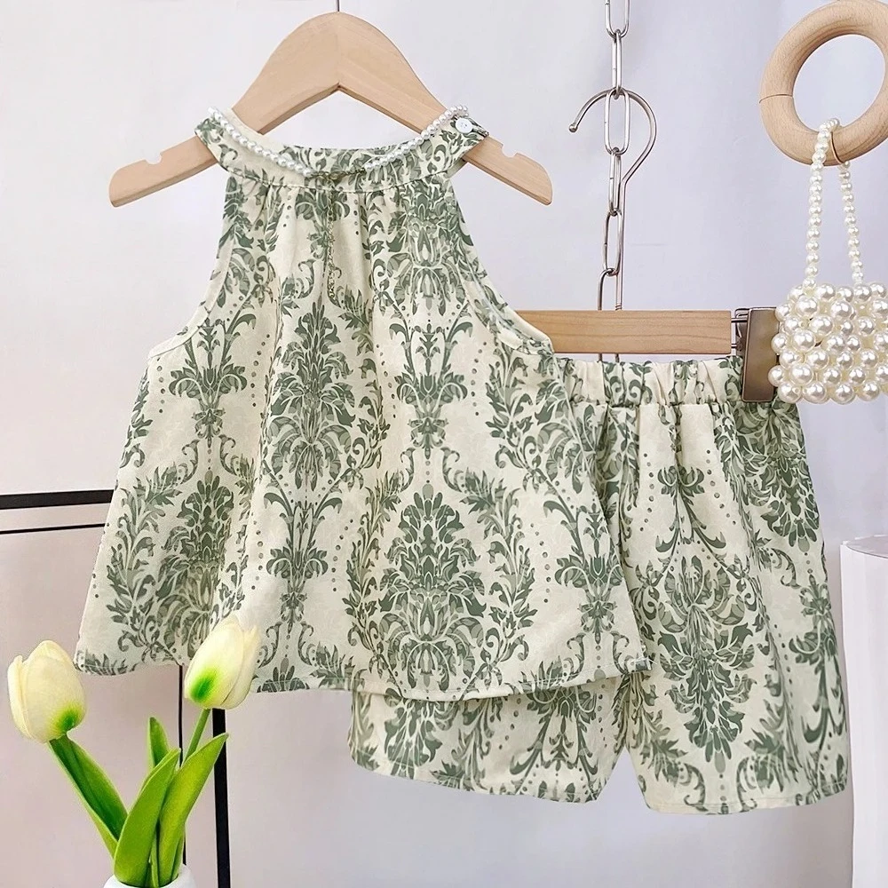 Girls Summer Cute Fashion Print Clothes Sleeveless O-Neck Halter Top + Shorts 2 Pcs Set 3-7 Years Kids Daily Casual Outfit